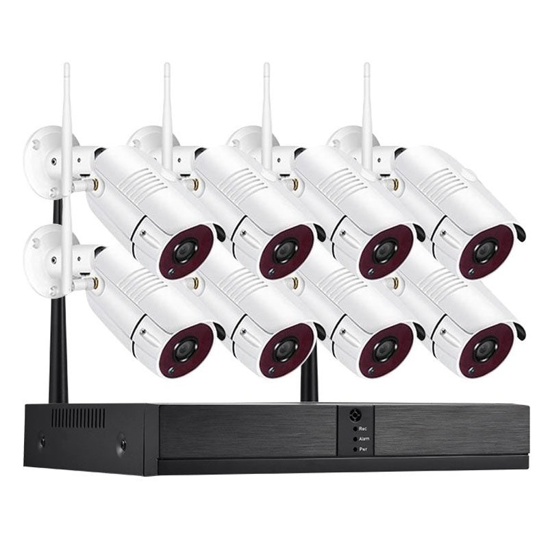 Wireless security camera system front view showing 8 cameras
