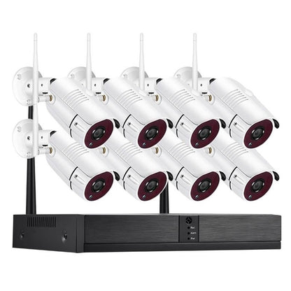 Wireless security camera system front view showing 8 cameras