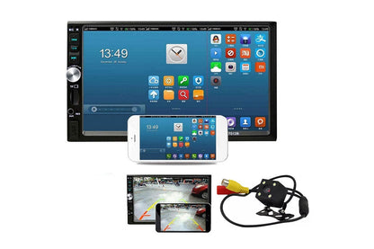 Side angle of car stereo with reverse camera metal and plastic body