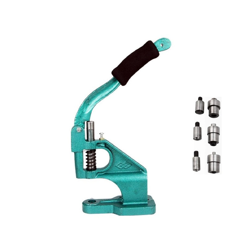 Eyelet grommet machine with green handle and foam grip
