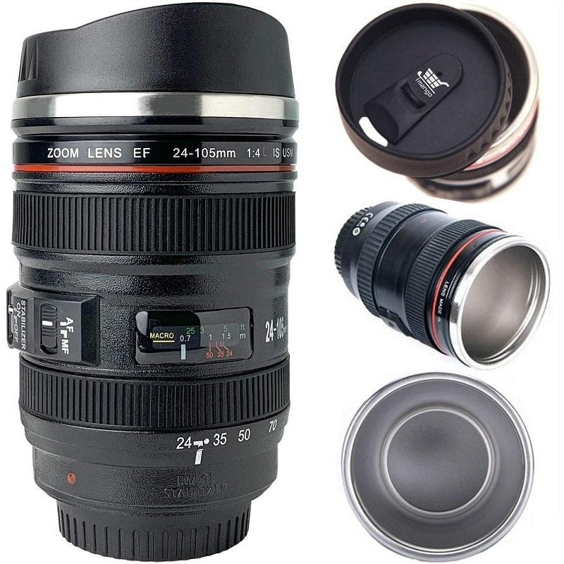 Camera lens mug in black showing stainless steel lining