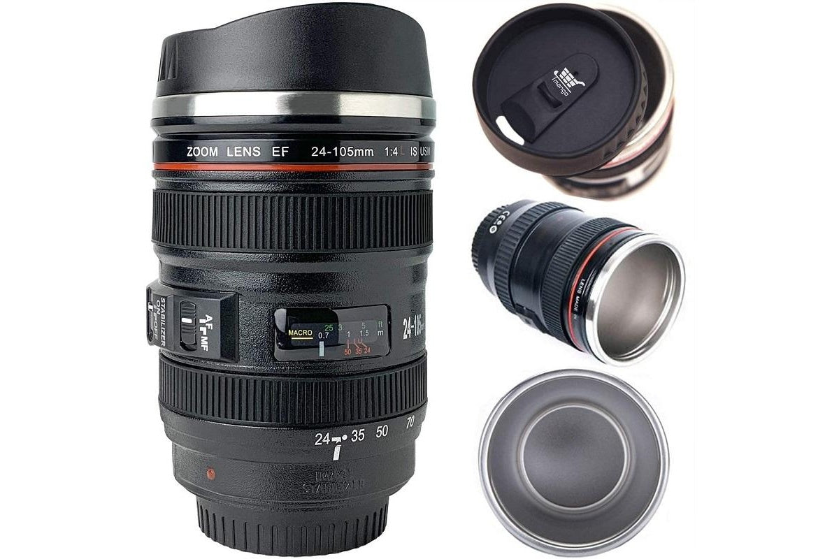 Side view of camera lens mug with retractable lid