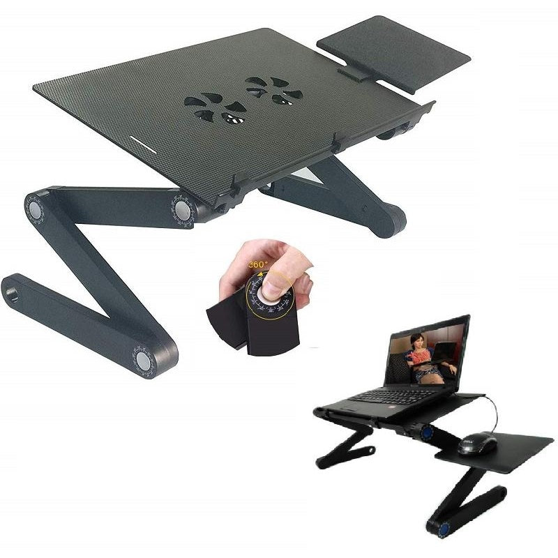 Adjustable laptop table stand showing black aluminium surface