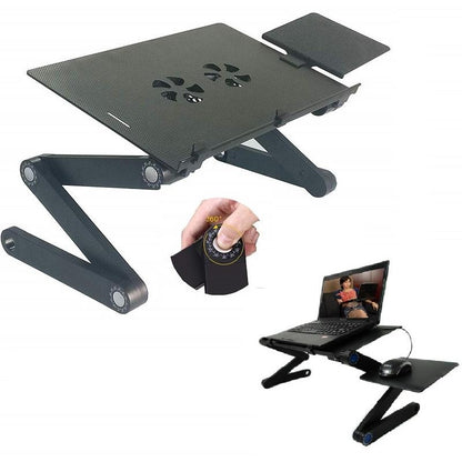 Adjustable laptop table stand showing black aluminium surface