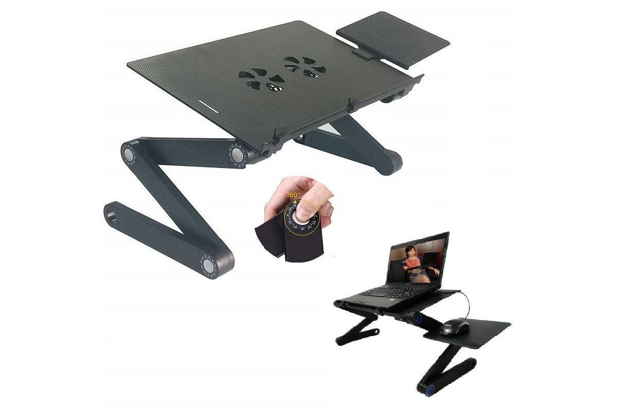 Side view of laptop table stand with cooling fan and mouse pad