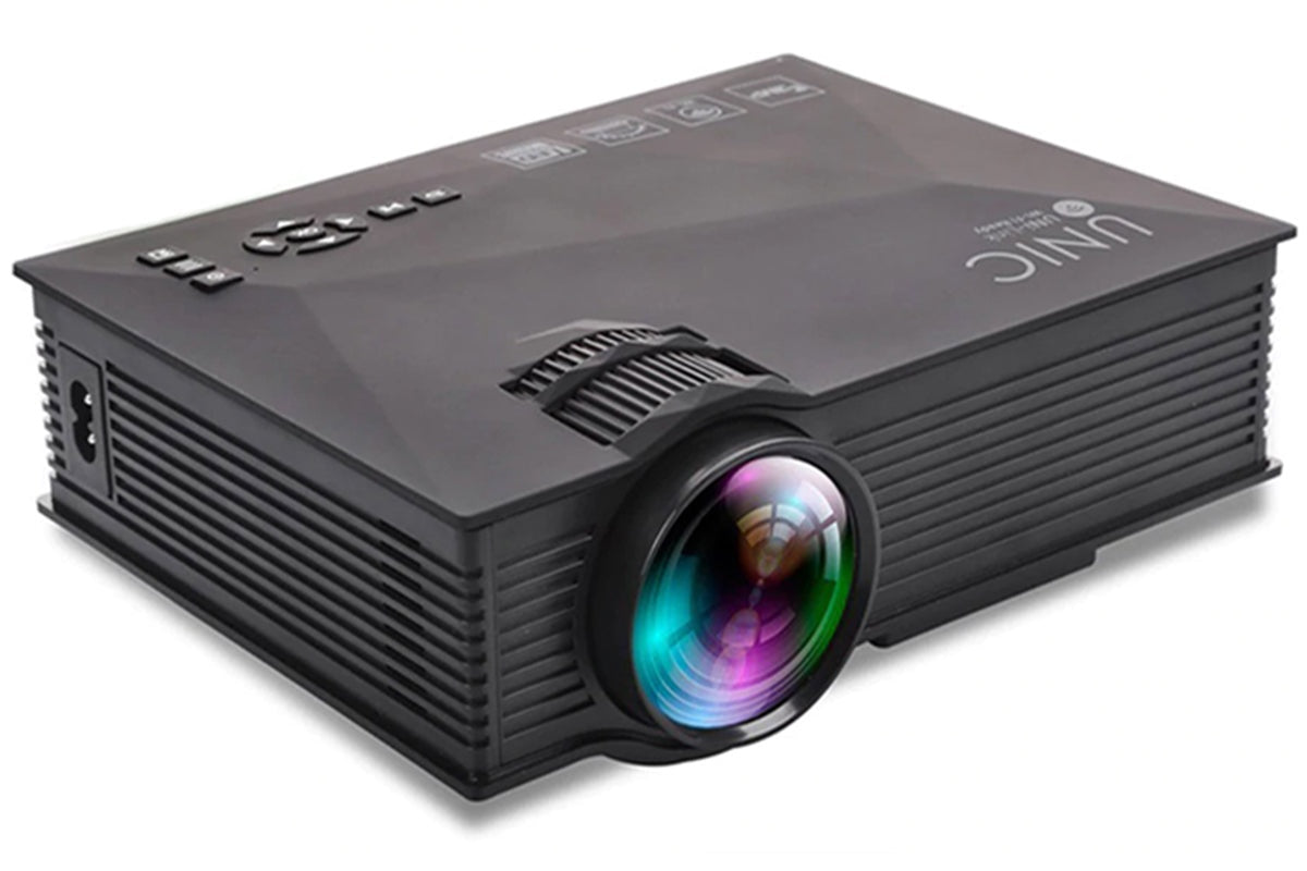 Side angle of HD smart projector with ventilation details