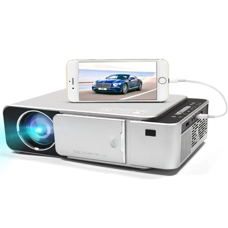 Smart WiFi HD projector front view showing lens and LED light