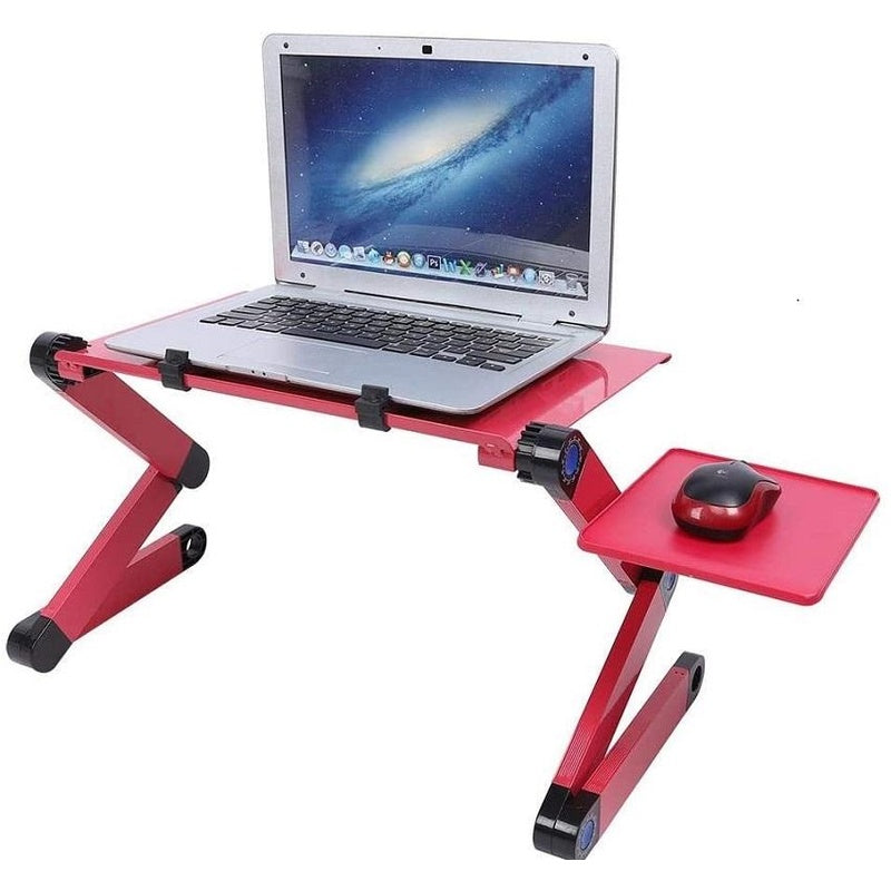 Adjustable laptop table desk in rose red aluminium from top angle