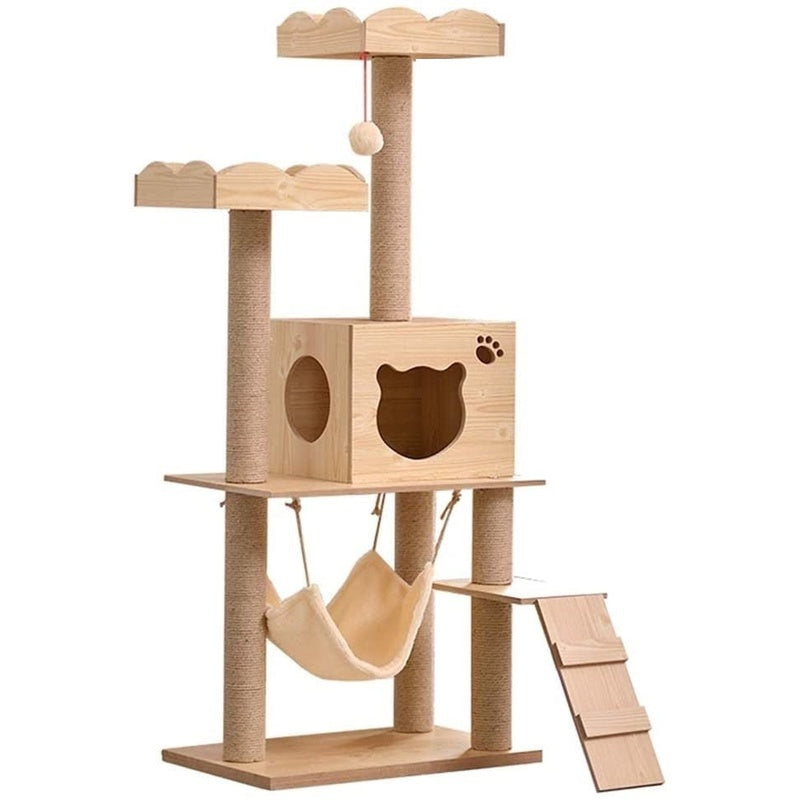 Cat tree tower showing natural sisal rope wrapped columns
