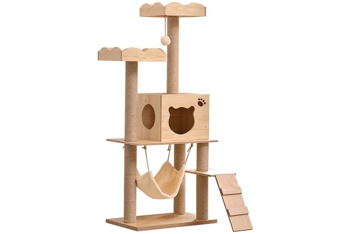 Plush covered cat tree tower base for stability and comfort