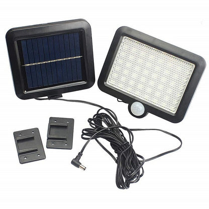 Solar motion sensor light showing front view with white LEDs