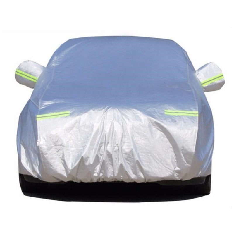 Aluminium car cover for large hatchback side view in silver colour