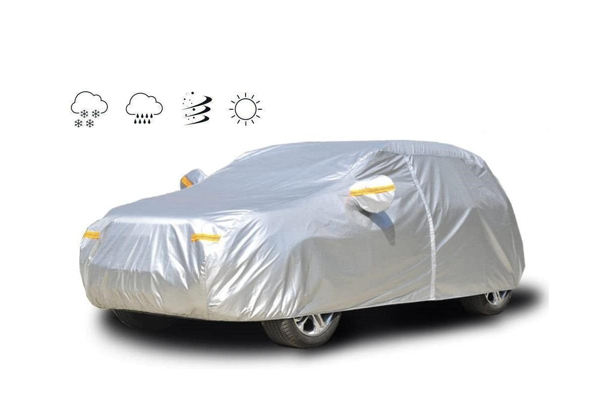 Waterproof car cover for SUV showing silver reflective surface