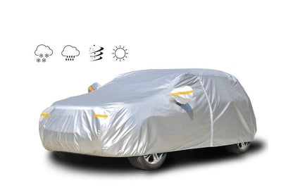 Waterproof car cover for SUV showing silver reflective surface
