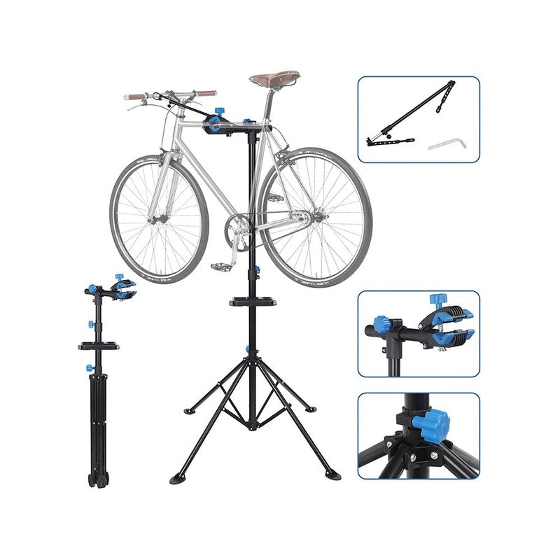 Bike repair stand showing full height adjustment from 42 to 74 inch