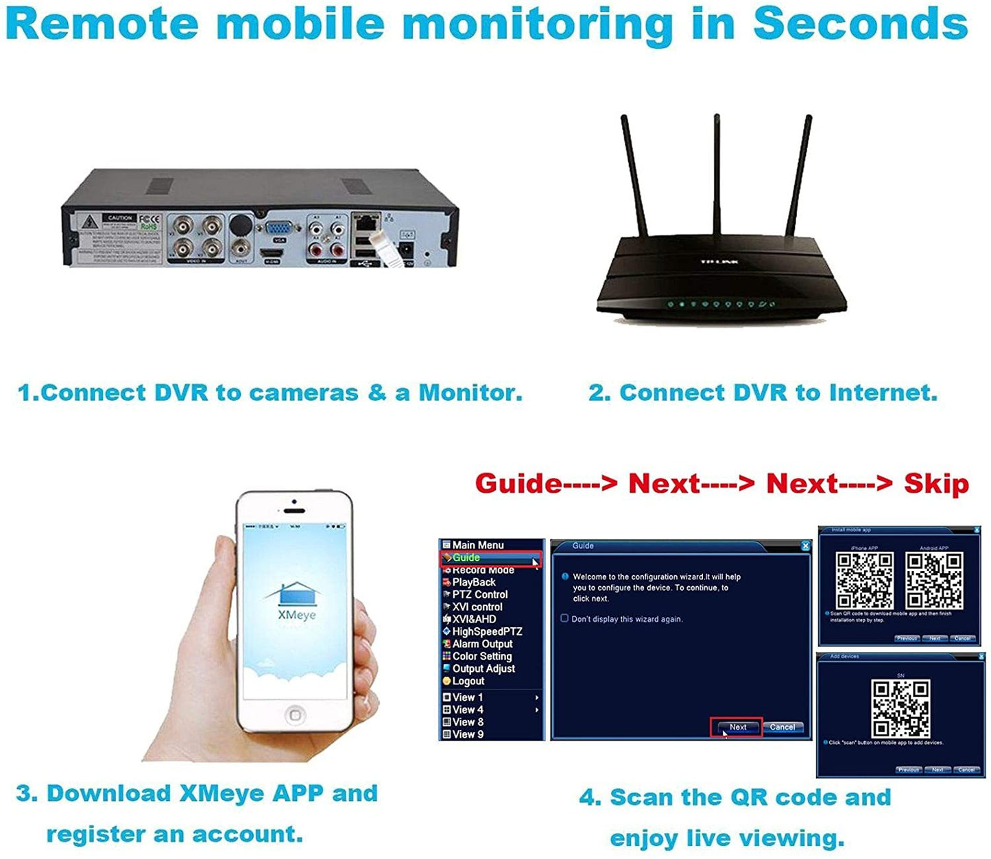 DVR recorder CCTV 4 channel connected to four cameras in a home setup