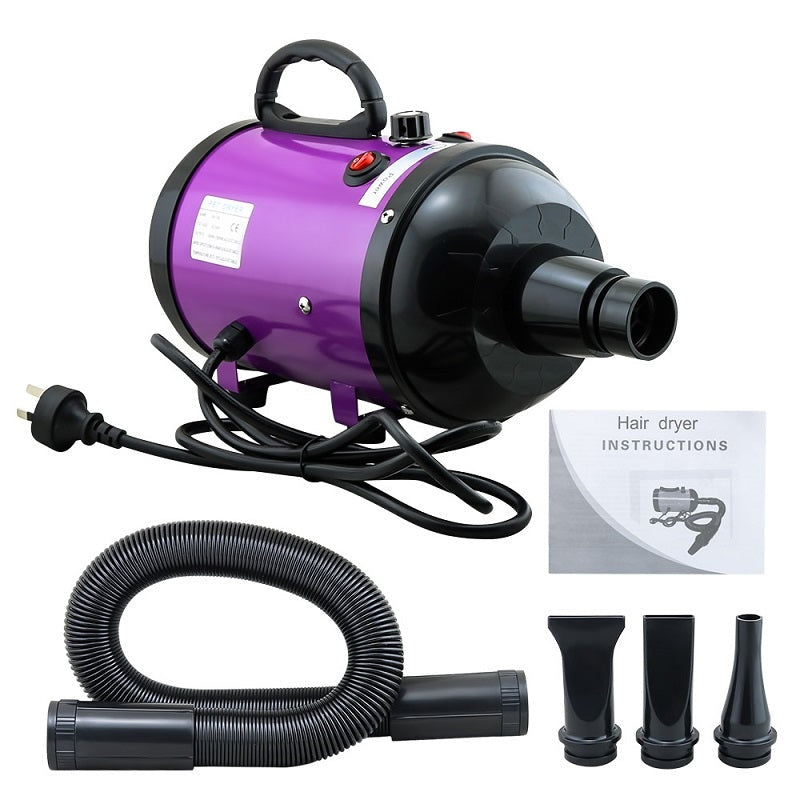 Pet hair dryer grooming blower in purple showing front view