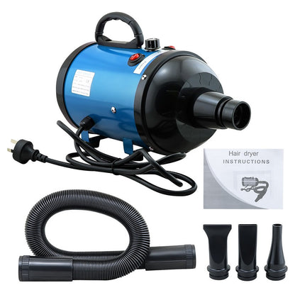 Pet hair dryer grooming blower in blue showing front view