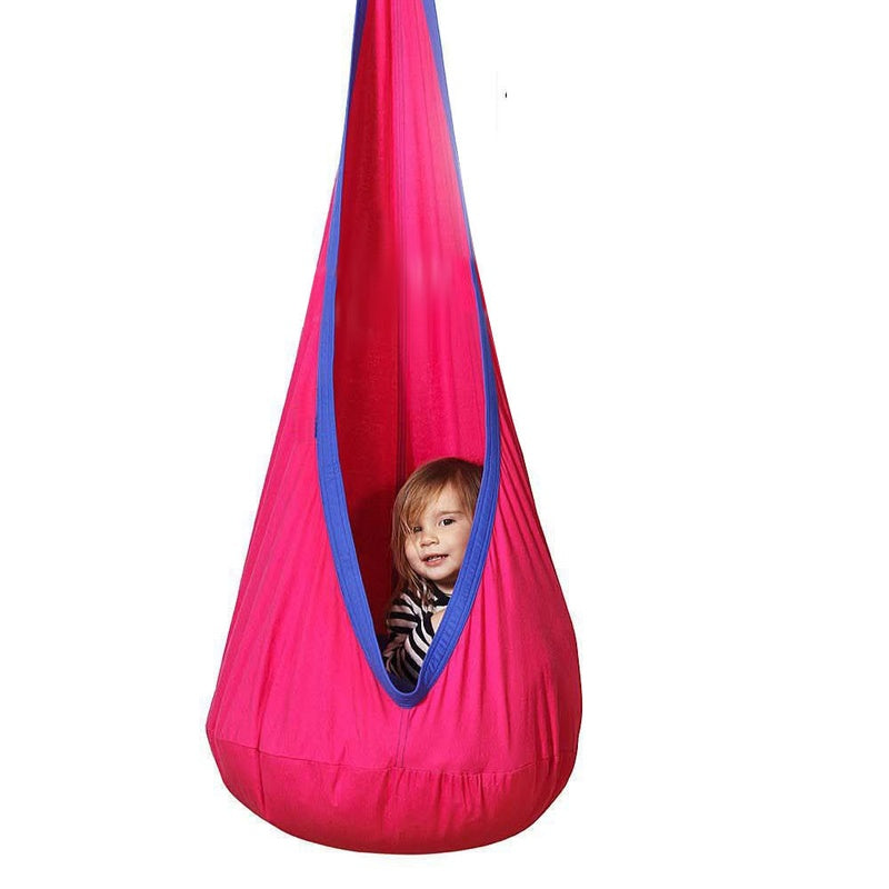 Kids pod swing chair hanging in blue nylon fabric