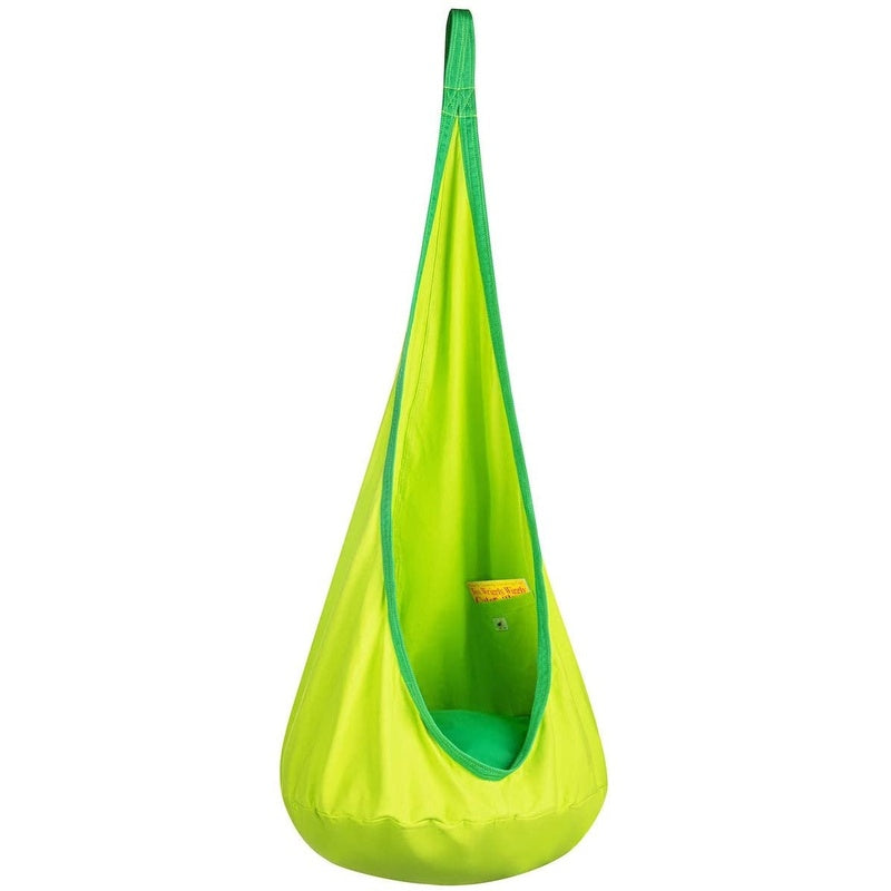 Kids pod swing chair hanging in garden with green nylon fabric