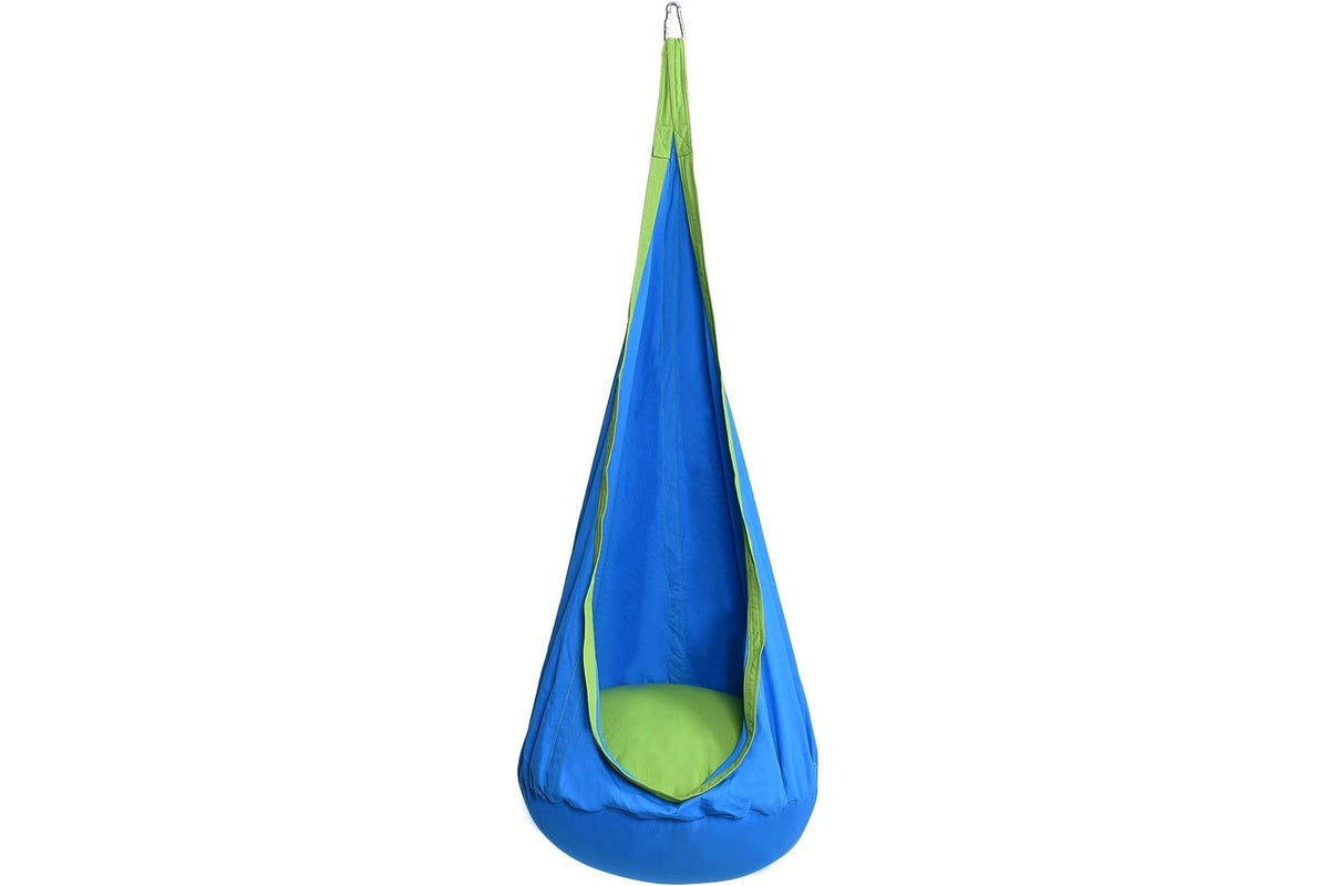 Close up of blue nylon fabric on kids swing chair hammock seat