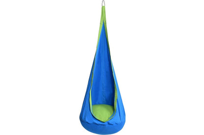 Close up of blue nylon fabric on kids swing chair hammock seat