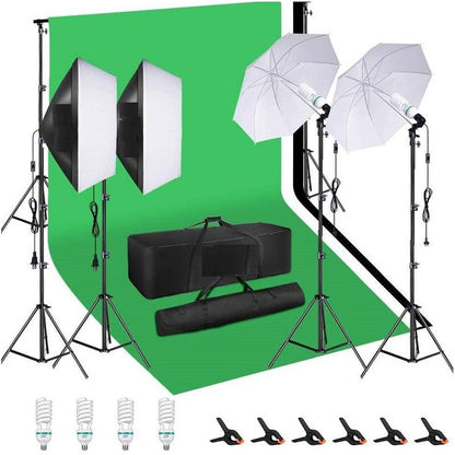 Photography studio lighting kit showing soft box and umbrella setup