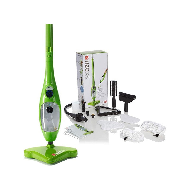 Steam cleaner steam mop green full view on wooden floor