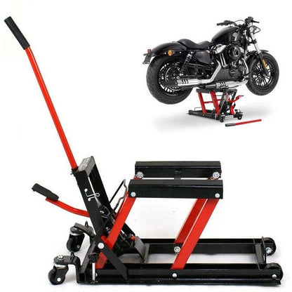 Motorcycle quad bike lifter jack side view showing hydraulic foot pedal