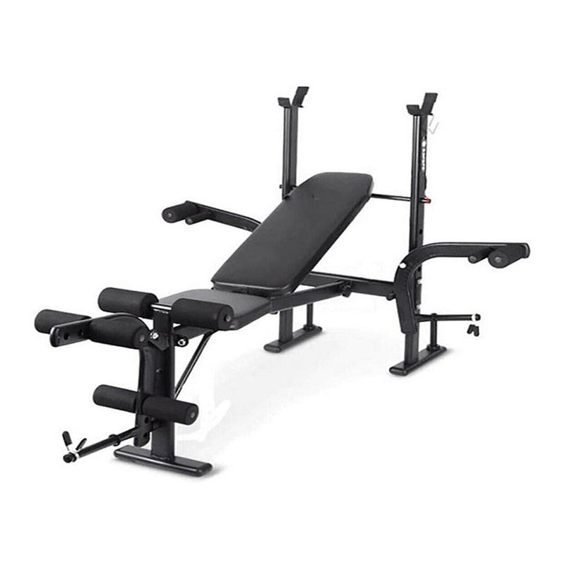 Adjustable sit up weight bench showing black foam padded seat