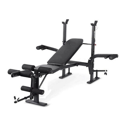 Adjustable sit up weight bench showing black foam padded seat