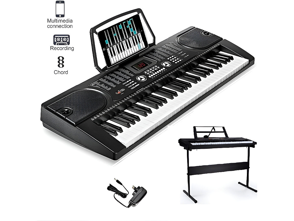 Side angle of keyboard piano with LED display lit