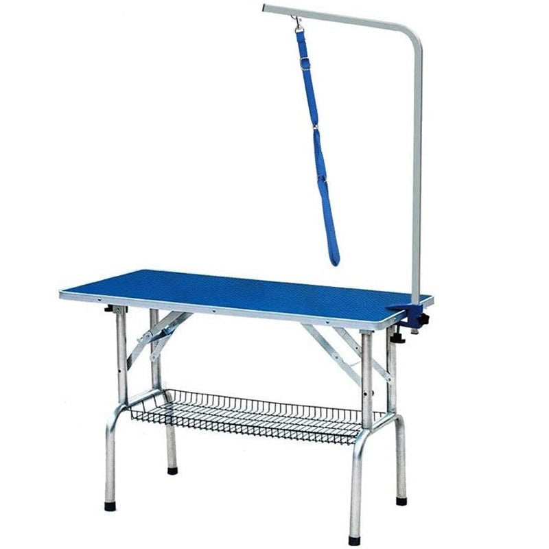 Pet grooming table 110cm foldable with blue rubber surface