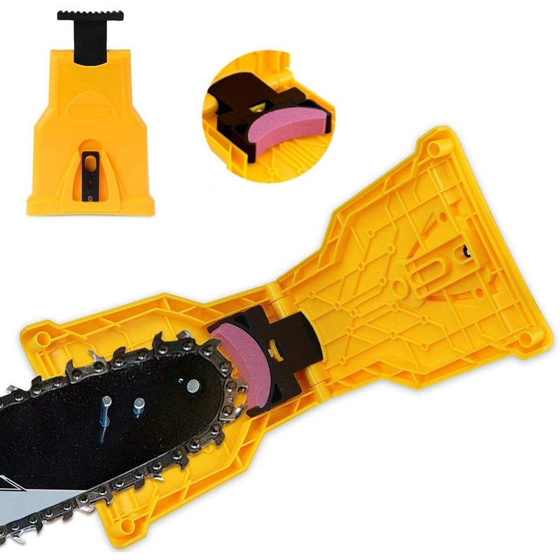 Chainsaw chain sharpener showing yellow plastic body