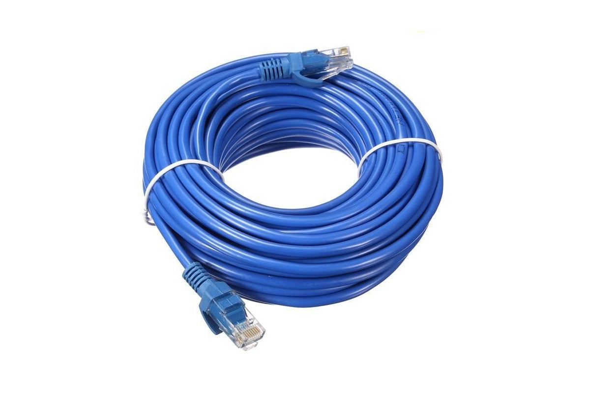 Blue Cat6 LAN cable 15 metre length coiled on desk