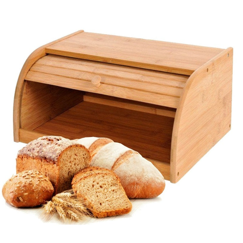 Bamboo bread bin storage box with natural wood colour on kitchen bench