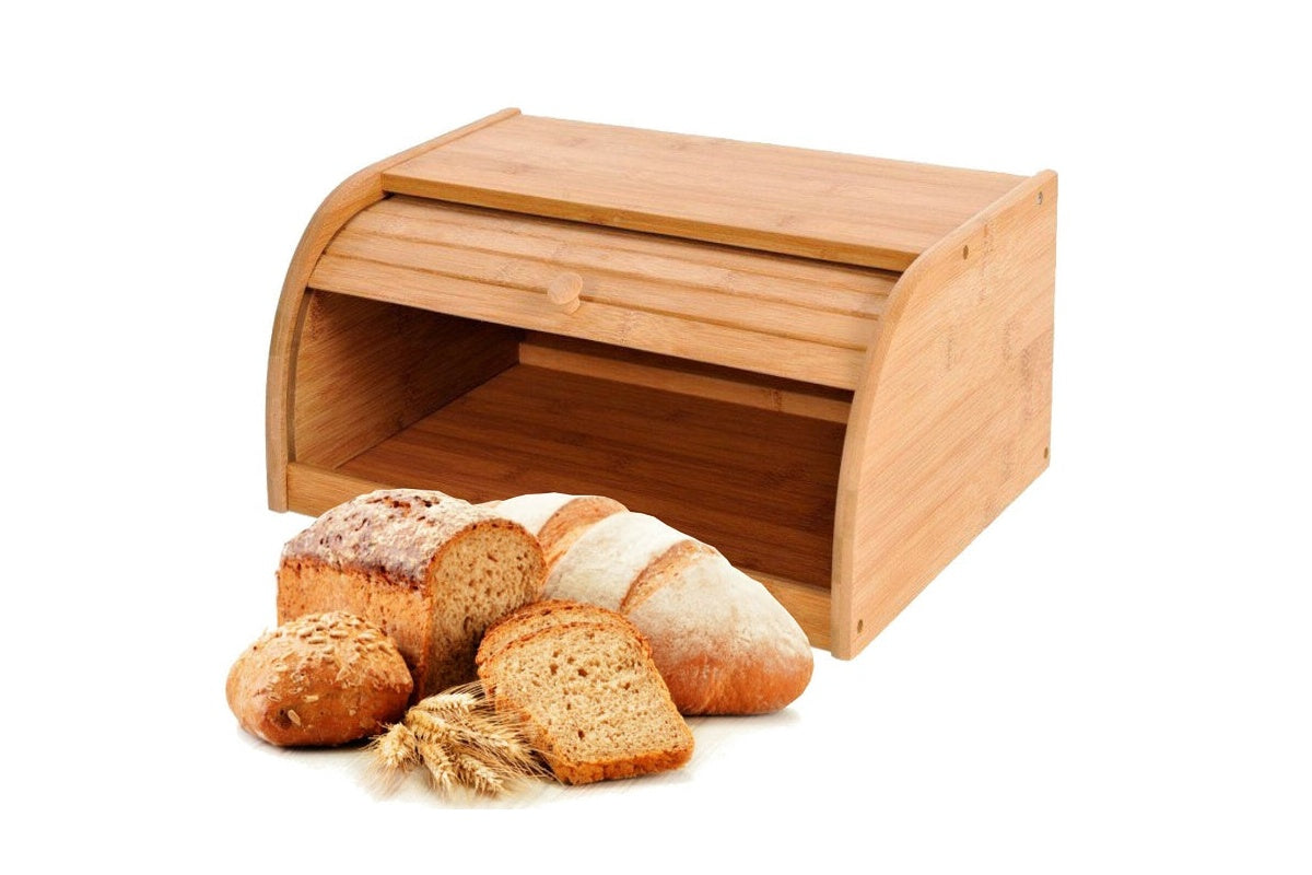 Close up of rolltop lid sliding open on bamboo bread bin storage box