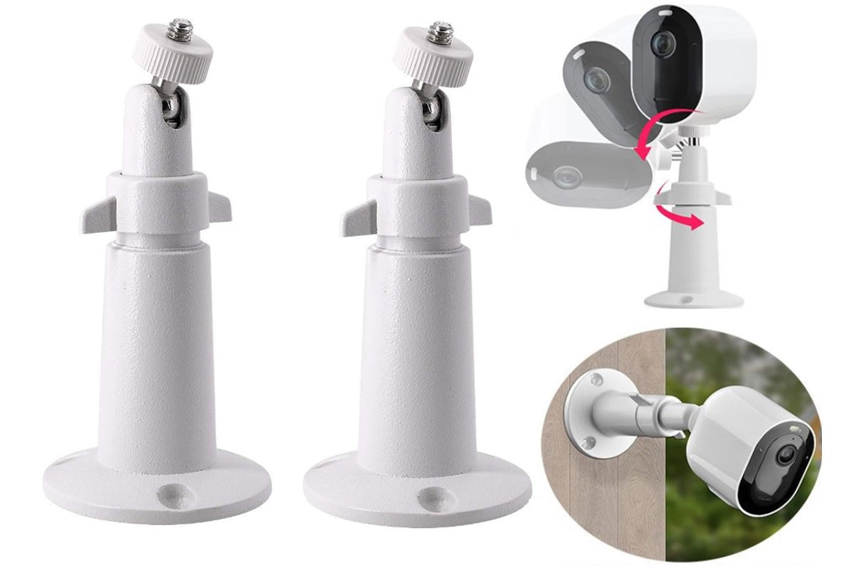Outdoor metal mount for Arlo camera showing 360 degree swivel