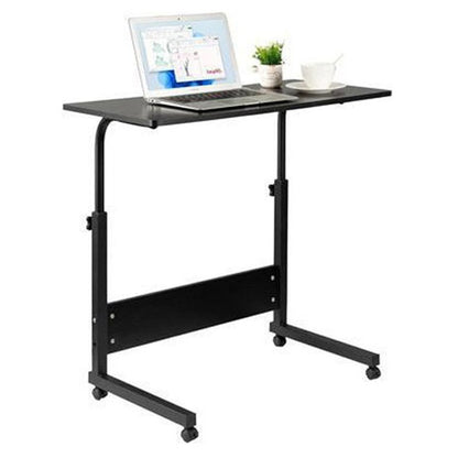 Adjustable laptop table desk stand in black with wheels side view