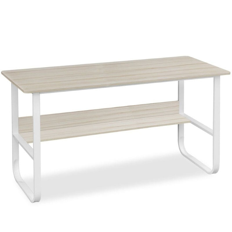 Computer desk table white frame with oak top side view