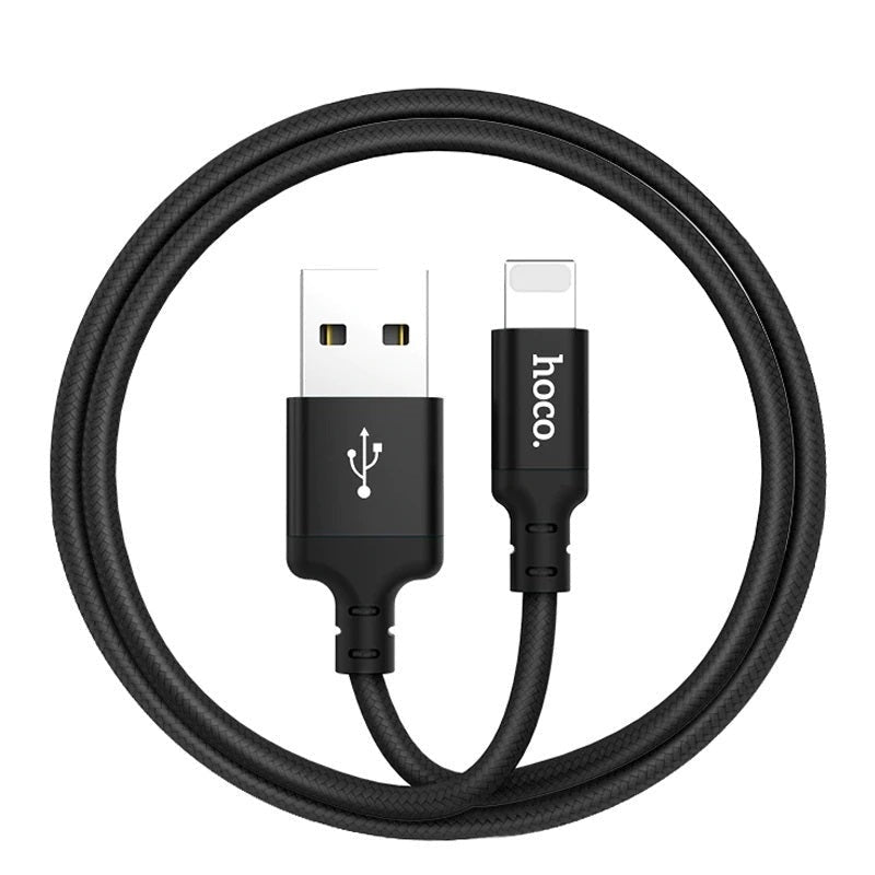 Lightning charging cable black nylon braid close up