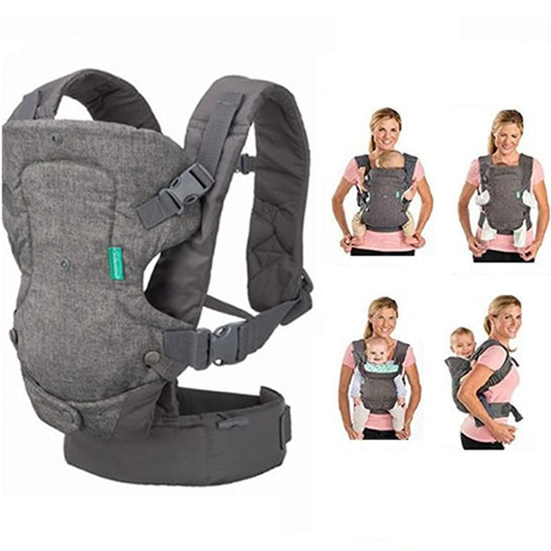 Front view of baby carrier in light grey showing adjustable straps