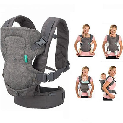 Front view of baby carrier in light grey showing adjustable straps