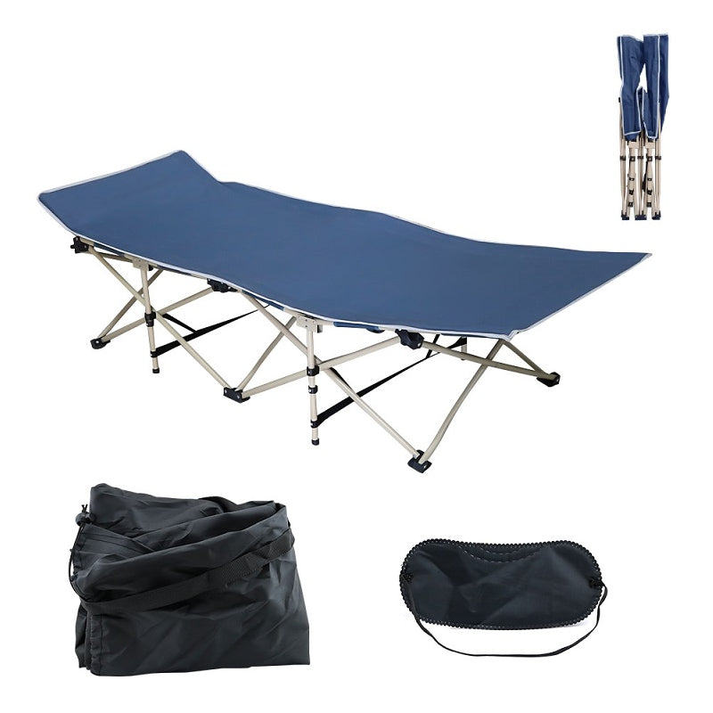 Folding bed stretcher in blue showing full length side view