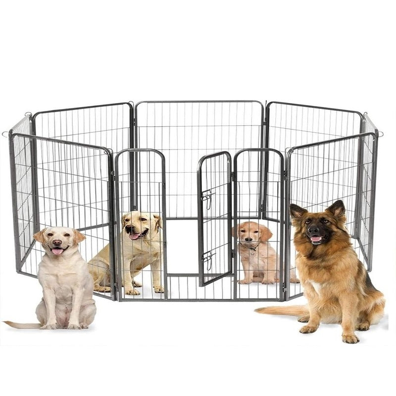8 Panel pet playpen showing lockable front door in grey steel