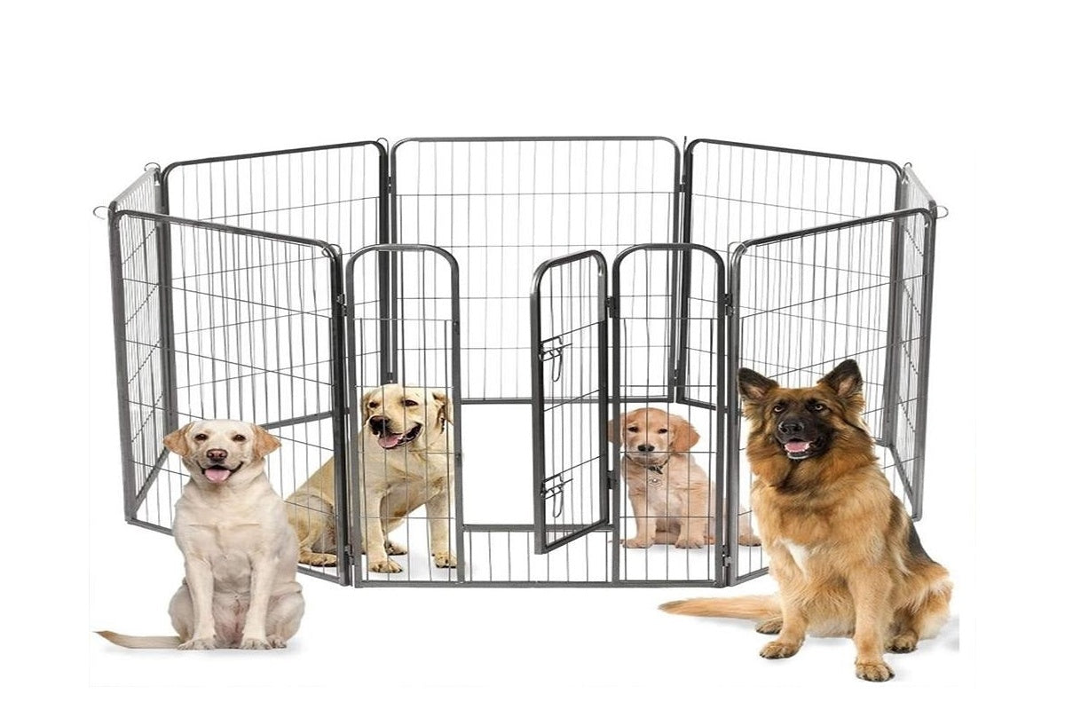 Side view of 8 Panel pet playpen with foldable metal frame