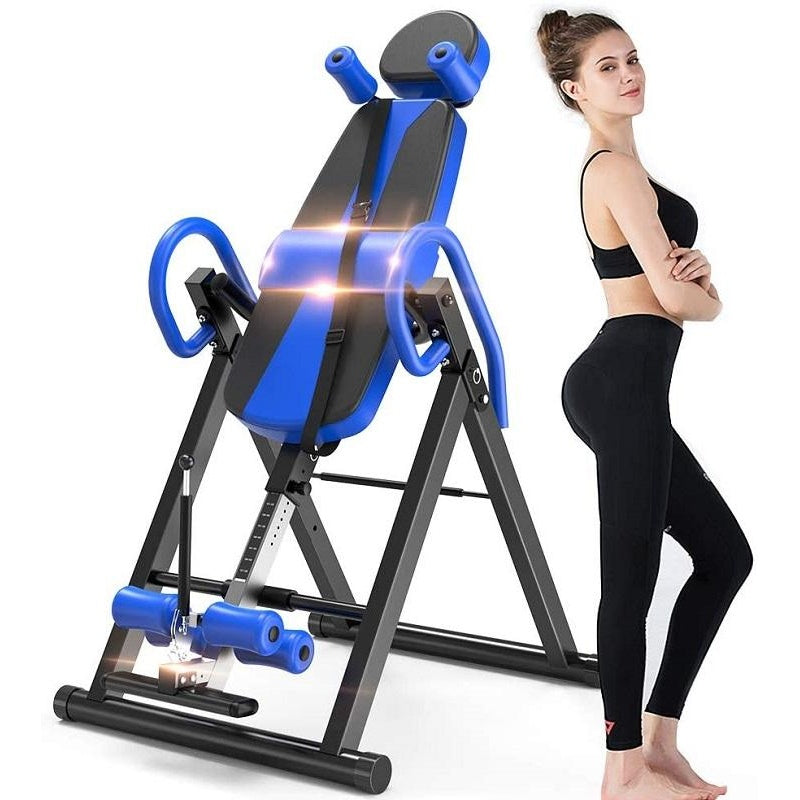 Inversion table showing blue steel frame and padded ankle straps