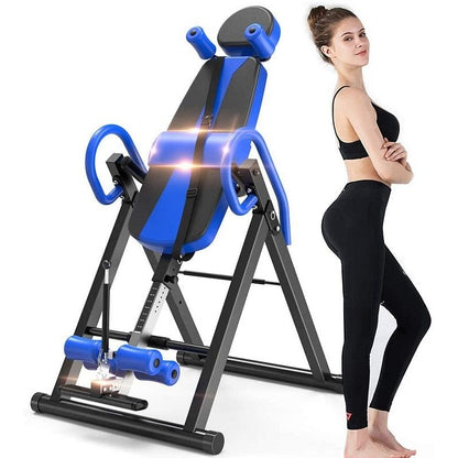 Inversion table showing blue steel frame and padded ankle straps