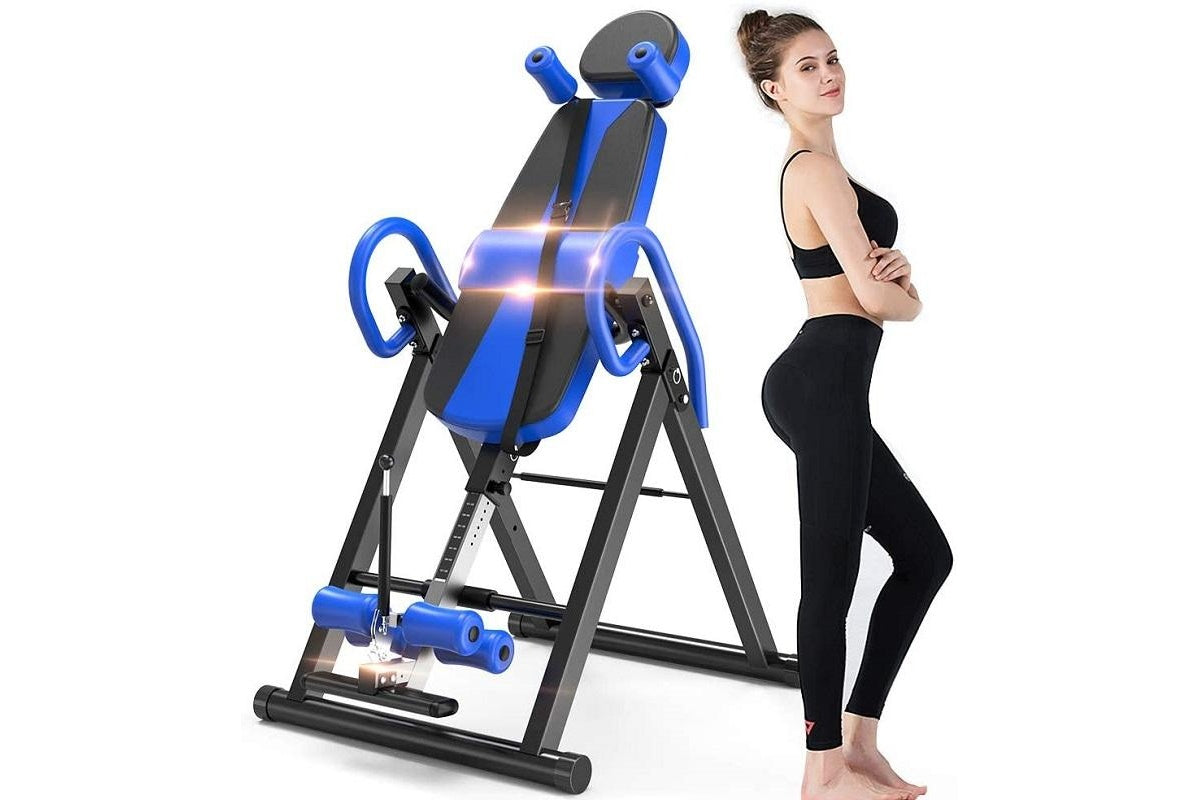 Side view of inversion table with adjustable headrest and protective belt