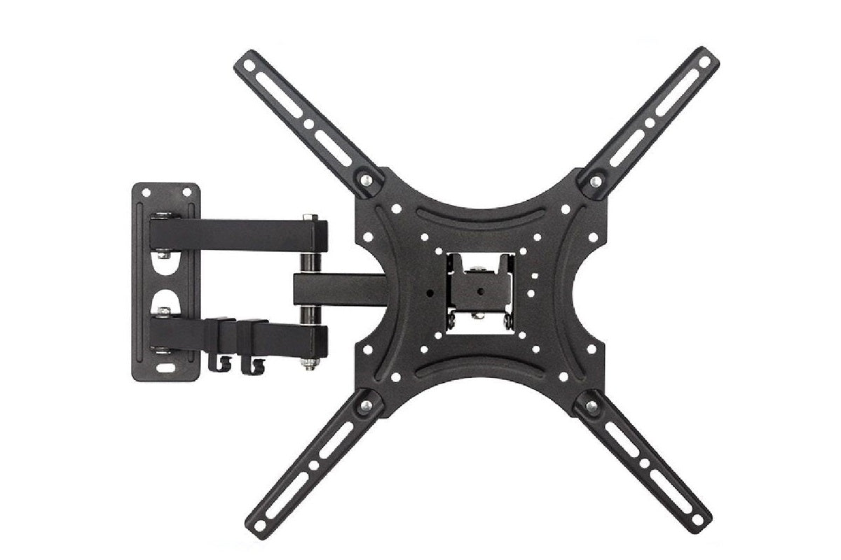 Close up of black steel swivel arm on TV wall bracket